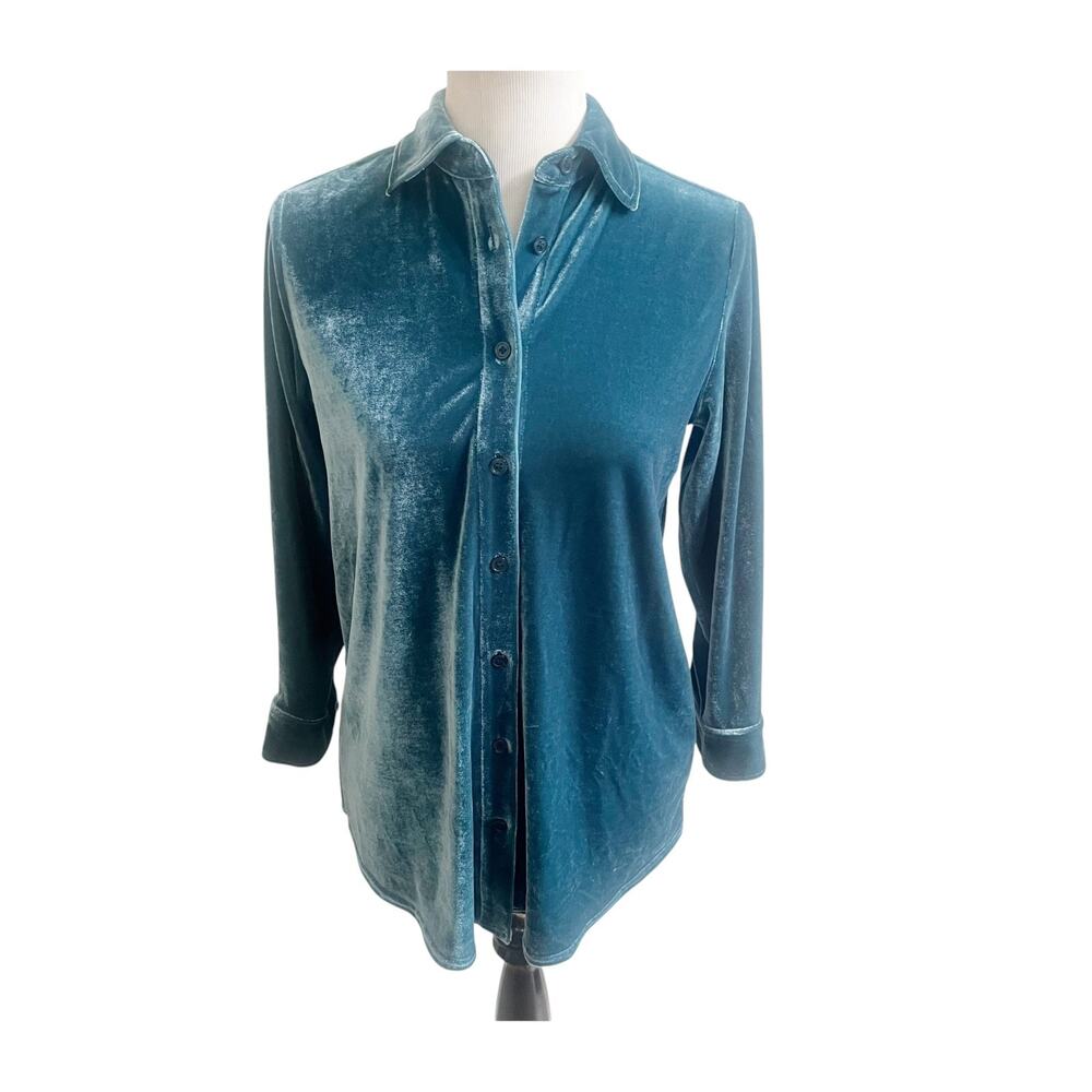 NWT Soft Surroundings Shirt Women's Petite XS Teal Velvet Collared Button Down